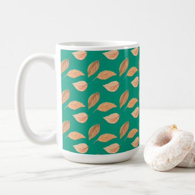 Emerald Green Brown Falling Leaves  Coffee Mug (With Donut)