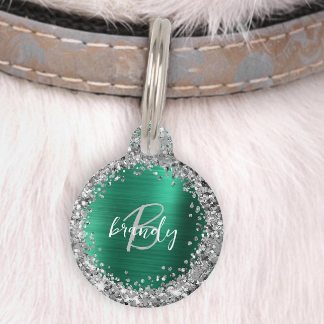 Emerald Green Brushed Metal Glitter Monogram  Pet Tag (Creator Uploaded)