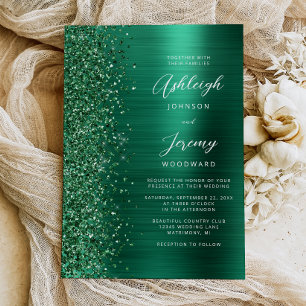 Emerald Green Brushed Metal Glitter Script Wedding Invitation
