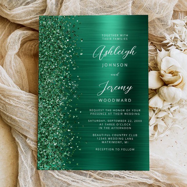 Emerald Green Brushed Metal Glitter Script Wedding Invitation (Creator Uploaded)