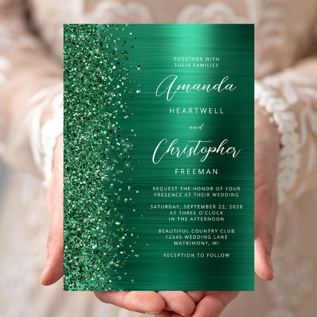 Emerald Green Brushed Metal Glitter Script Wedding Invitation (Creator Uploaded)
