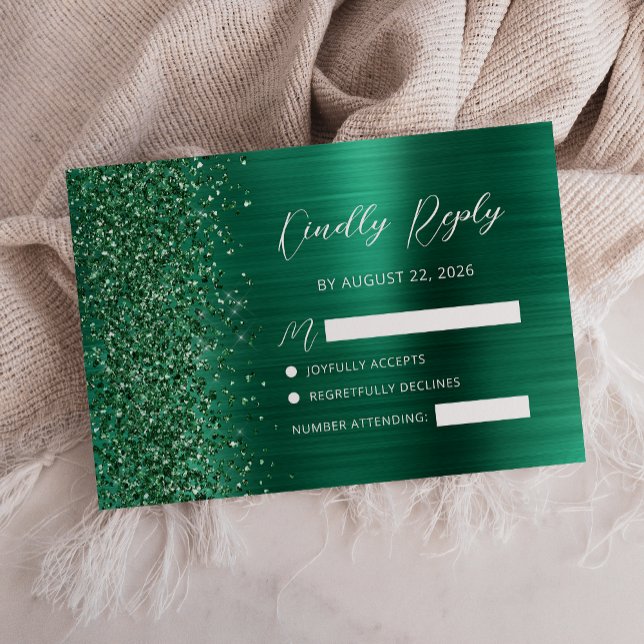 Emerald Green Brushed Metal Glitter Script Wedding RSVP Card (Creator Uploaded)