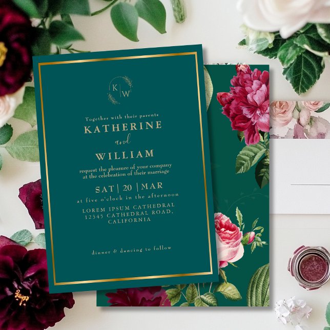 Emerald Green burgundy Dusty Rose floral Wedding Invitation (Creator Uploaded)