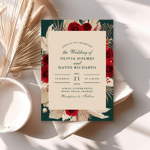 Emerald Green Burgundy Roses Wedding Invitation