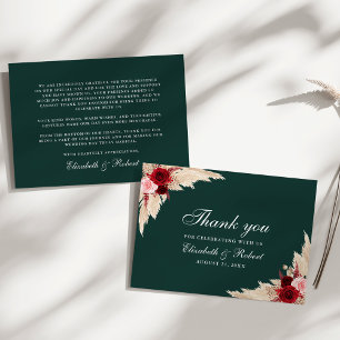 Emerald Green Burgundy Roses Wedding Thank You Card