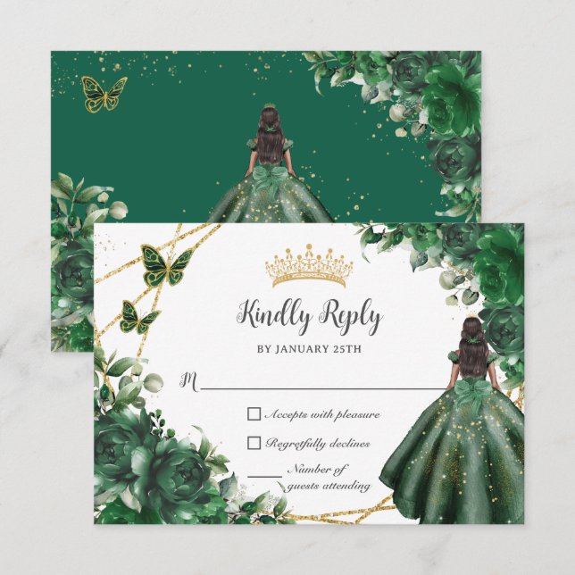 Emerald Green Butterflies Princess Quinceañera RSVP Card (Front/Back)