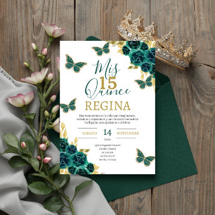 Emerald Green Butterflies Quinceañera Invitation