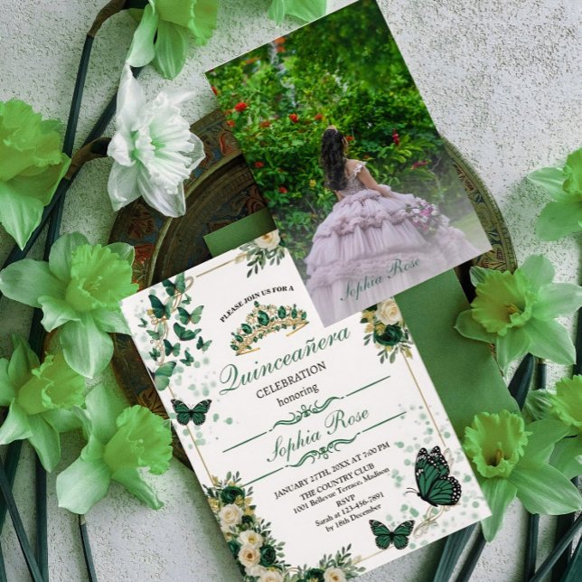 Emerald Green Butterfly Quinceañera Photo Invite (Creator Uploaded)