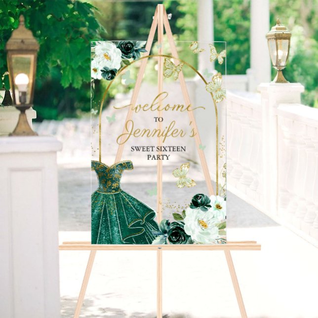 Emerald Green Butterfly Sweet 16 Welcome Acrylic Sign (Creator Uploaded)
