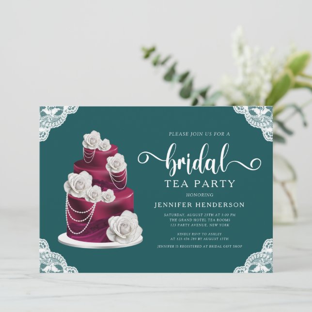 Emerald Green Cake And Lace Bridal Tea Party Invitation (Standing Front)
