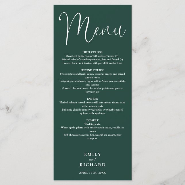 Emerald Green Calligraphy Script Wedding Menu (Front)