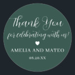 Emerald Green Calligraphy Wedding Thank You Favour Classic Round Sticker<br><div class="desc">The perfect little something to seal your wedding favour box or thank you note. The thank you sentiment is written in a playful script font then your name and wedding date are in a classic serif text. A sweet heart separates them. This item is part of the Elegant Minimalist Wedding...</div>