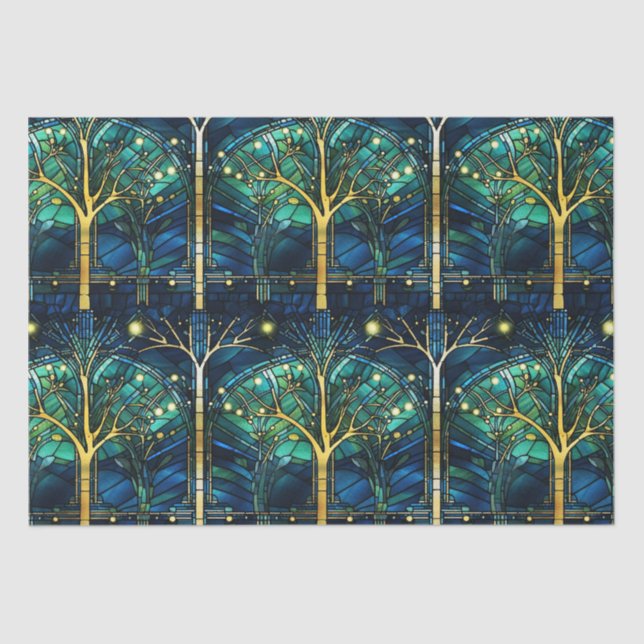Emerald Green Celestial Tree Stained Glass Pattern Tissue Paper (Front)