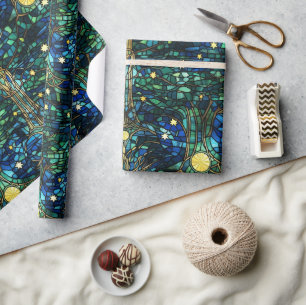Emerald Green Celestial Tree Stained Glass Pattern Wrapping Paper