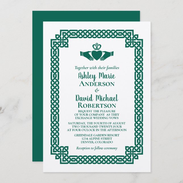 Emerald Green Celtic Knot Claddagh Wedding Invitation (Front/Back)