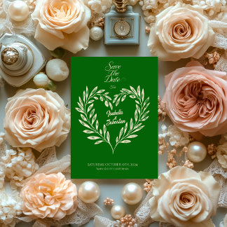 Emerald Green & Champagne Gold Heart Save The Date Invitation