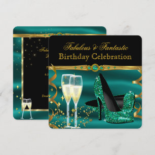 Emerald Green Champagne Heels Birthday Party Invitation