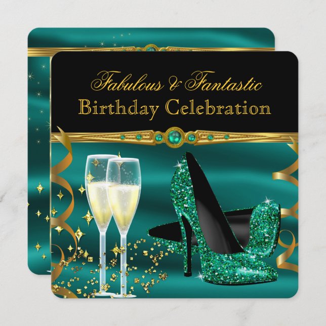 Emerald Green Champagne Heels Birthday Party Invitation (Front/Back)
