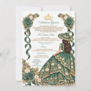 Emerald Green Charra Girl Gold Quinceañera Floral Invitation