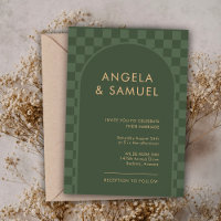 Emerald Green Chequered Modern Wedding Invitation