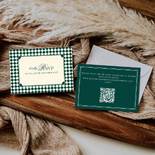 Emerald Green Chequered Old Money QR Code Wedding RSVP Card