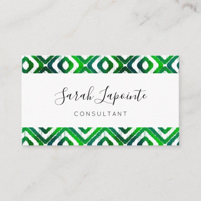 Emerald Green Chic & Elegant Ikat Pattern Business Card (Front)