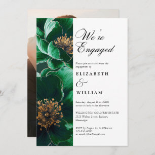 Emerald Green Chic Floral Engagement Party Photo Invitation