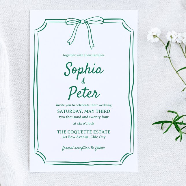 Emerald Green Chic Hand-Drawn Bow Timeless Wedding Invitation (Personalize this elegant green invitation, perfect for weddings where you want sophistication.  )