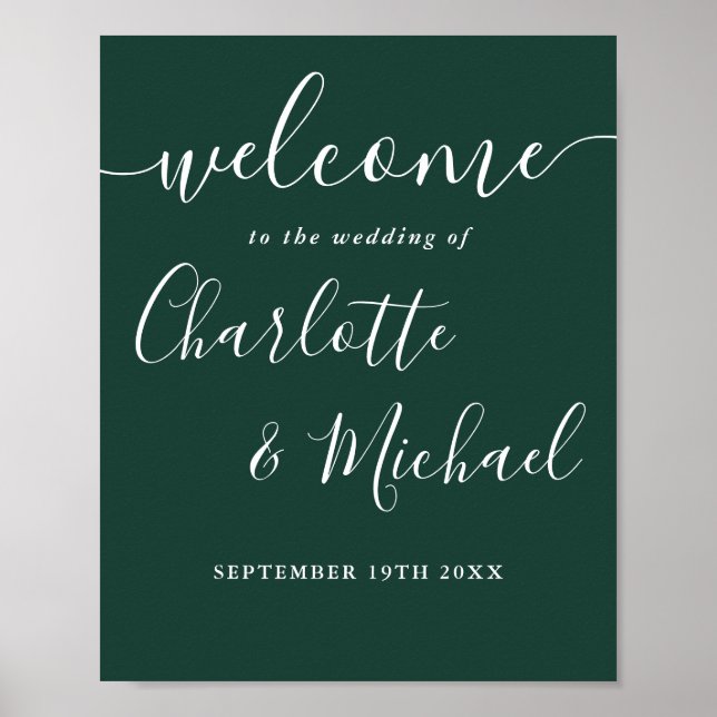 Emerald Green Chic Script Wedding Welcome Sign (Front)