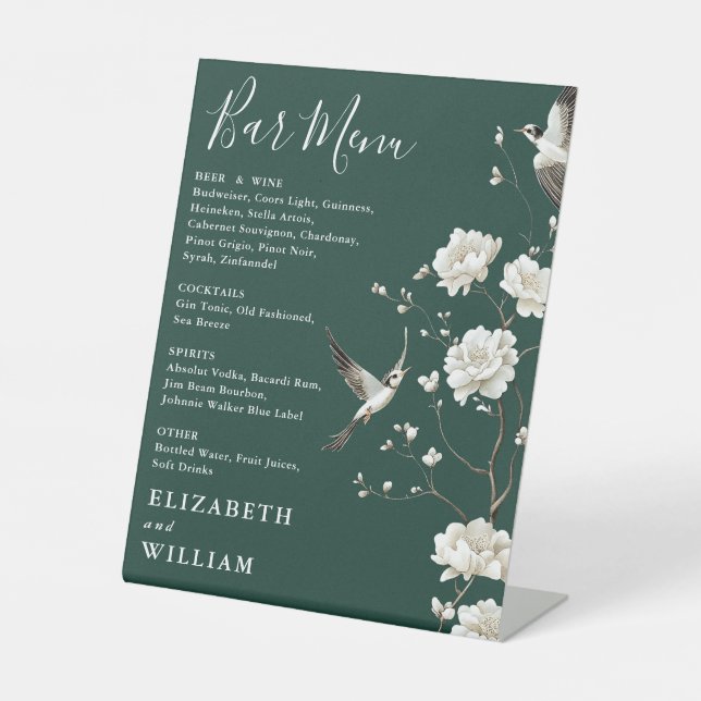 Emerald Green Chinoiserie Floral Bar Menu Wedding Pedestal Sign (Front)