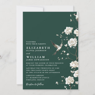 Emerald Green Chinoiserie Floral Details Wedding Invitation