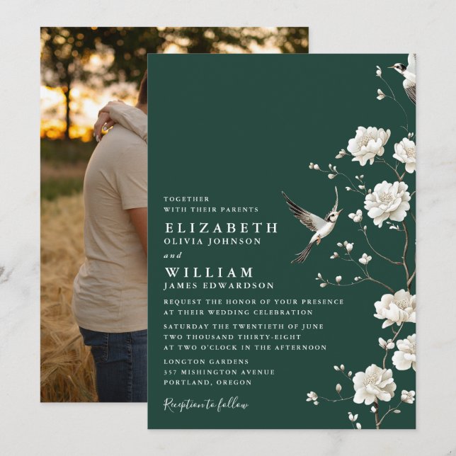 Emerald Green Chinoiserie Floral Wedding Photo Invitation (Front/Back)