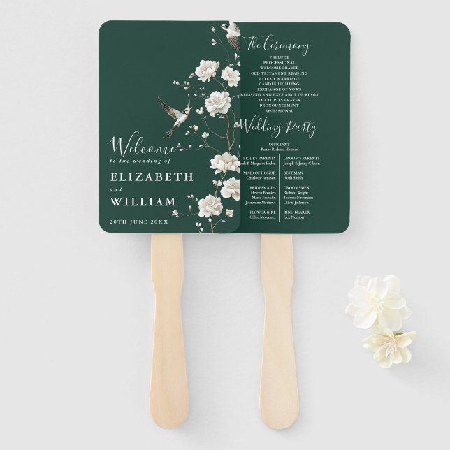 Emerald Green Chinoiserie Floral Wedding Program Hand Fan (Front and Back)