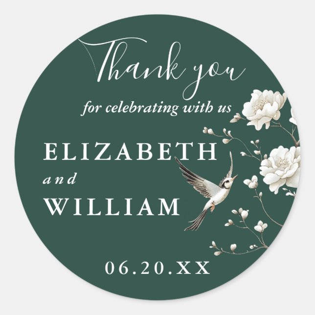 Emerald Green Chinoiserie Floral Wedding Thank You Classic Round Sticker (Front)