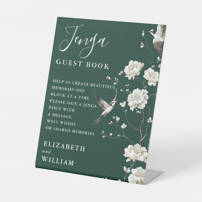 Emerald Green Chinoiserie Jenga Guest Book Wedding Pedestal Sign (Front)