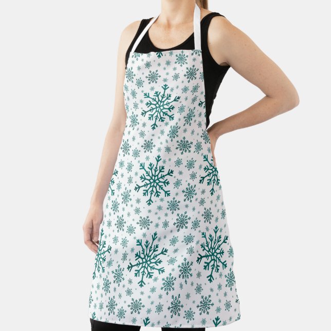 Emerald Green Christmas Snowflakes on Winter White Apron (Insitu)