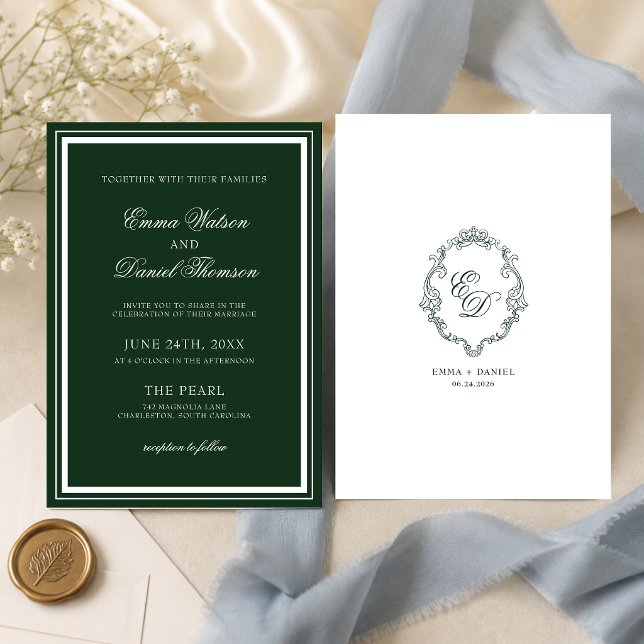 Emerald Green Classic Crest Monogram Wedding Invitation (Emerald green crest monogram wedding invitation showcases your style with timeless elegance.)