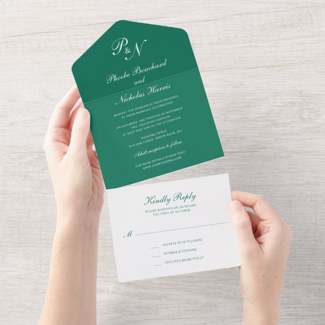 Emerald Green Classic Elegant Wedding All In One Invitation (Tearaway)