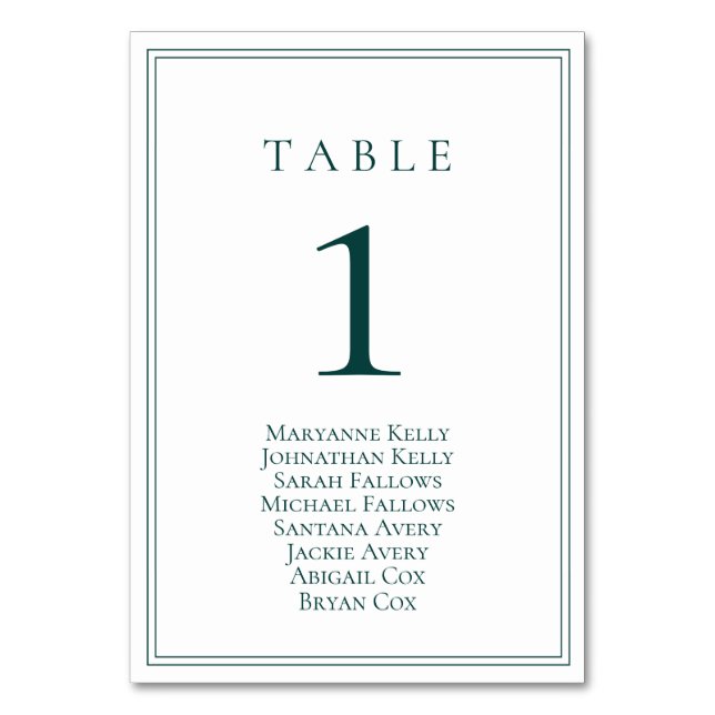 Emerald Green Classic Table Number & Seating Chart (Front)