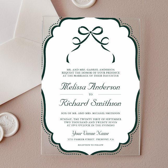 Emerald Green Coquette Bow Wedding Acrylic Invitations (Creator Uploaded)