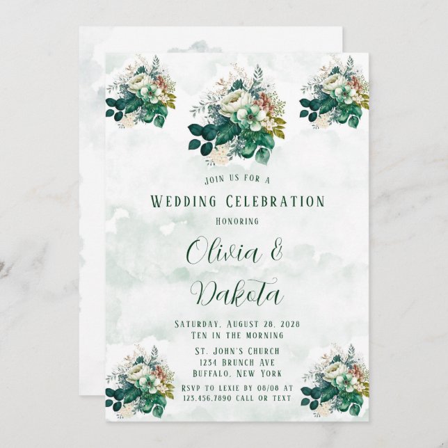 Emerald Green Cream Florals Wedding Celebration Invitation (Front/Back)