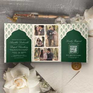 Emerald Green Cream Ikat All in One Indian Wedding Tri-Fold Invitation