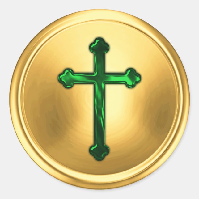 Emerald Green Cross on Gold Envelope Seal Sticker (Front)