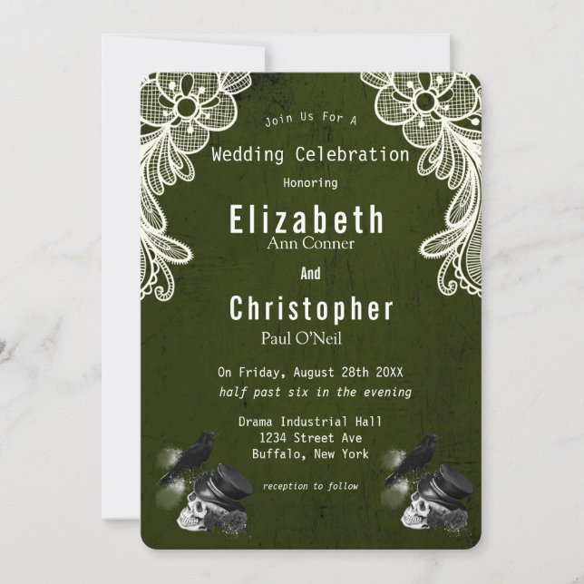 Emerald Green  Crow Skull Roses Gothic Wedding Invitation (Front)