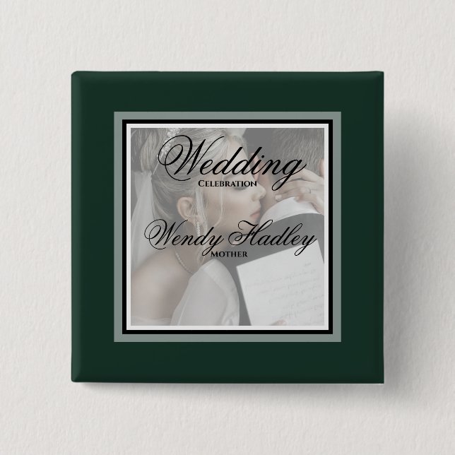 Emerald green customisable wedding name button (Front)