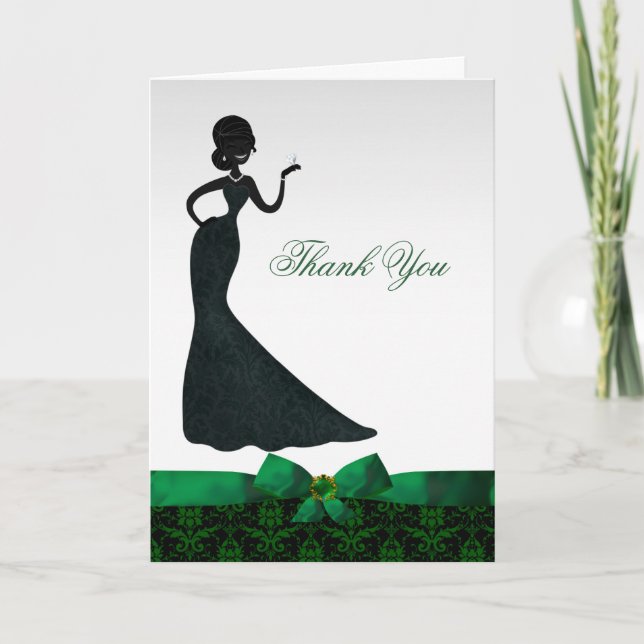 Emerald Green Damask Bridal Shower Thank You Card (Front)