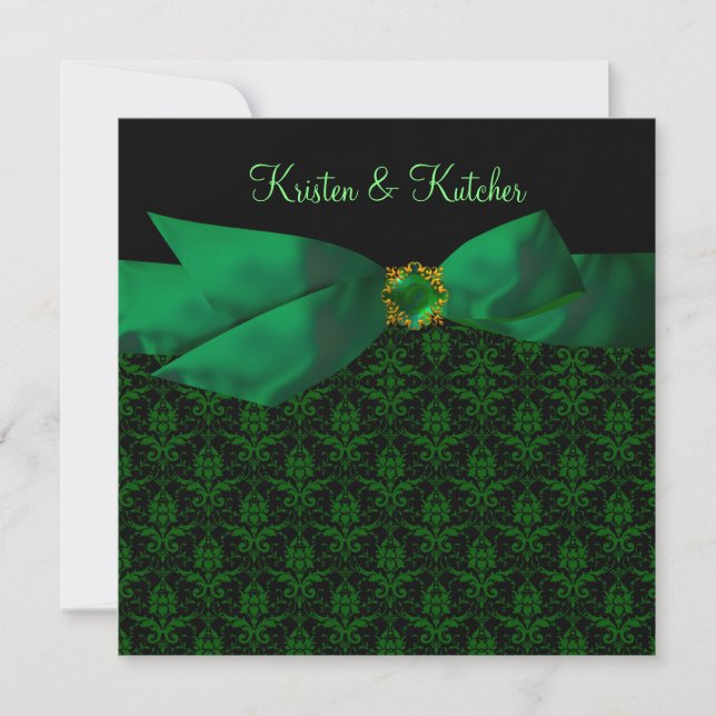 Emerald Green Damask Wedding Invitations Black (Front)