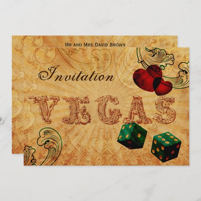 emerald green dice Vintage Vegas wedding invites (Front/Back)