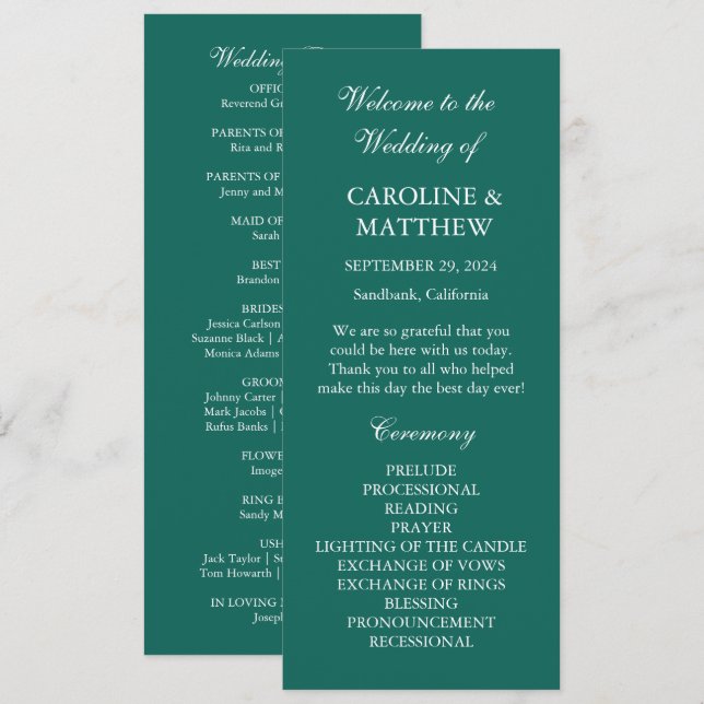Emerald Green Dinner Modern Minimalistic Wedding  Programme (Front/Back)