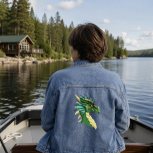 Emerald Green Dragon Portrait Head Fantasy Denim Jacket